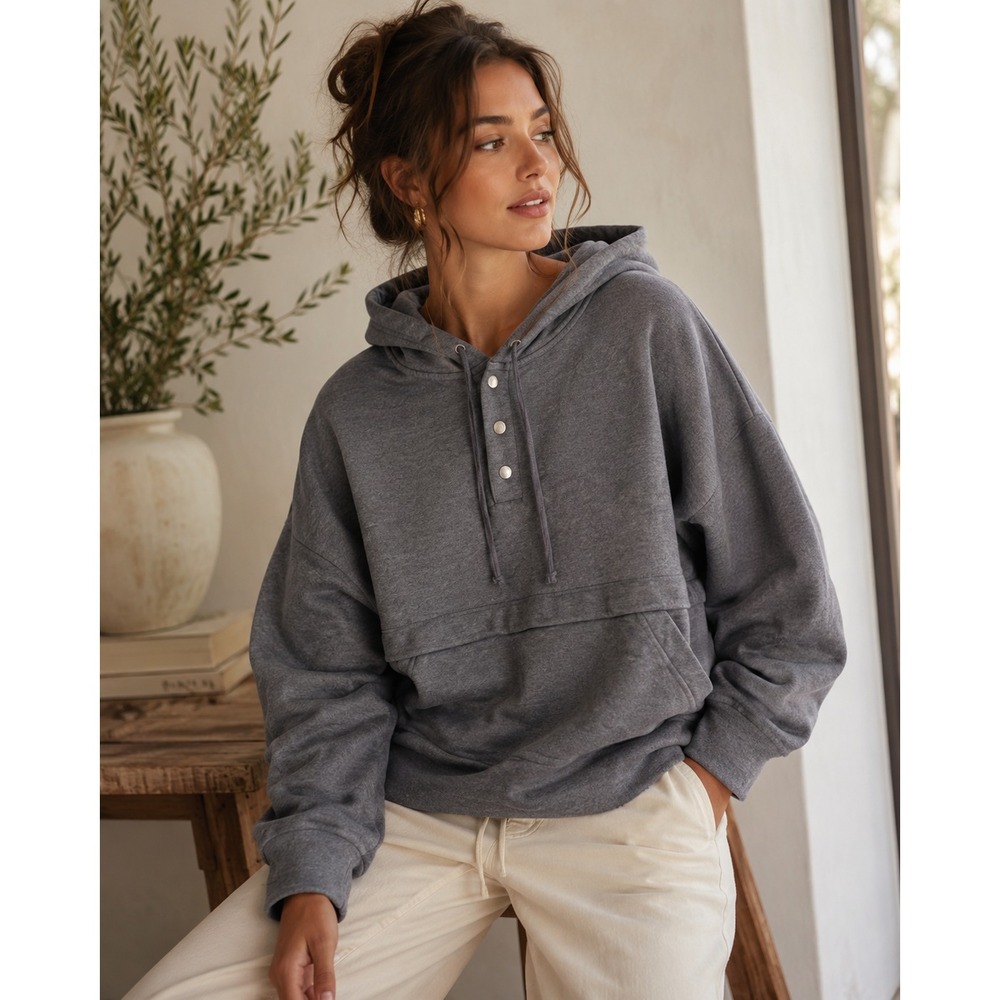 DAILY PRACTICE ANTHROPOLOGIE GRAY Pocket SWEATSHIRT HOODIE 1/4 SNAP WOMENS 1X
